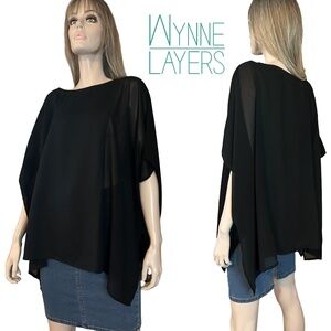 Wynne Layers Top Blouse Batwing Caftan Poncho Chiffon Trim Fluttery Flowy Dressy